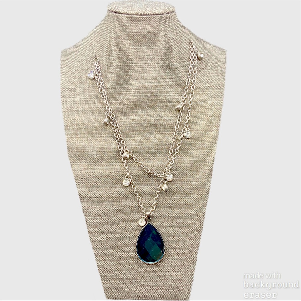Necklace silver wire blue crystal pendant and silver crystals and chain